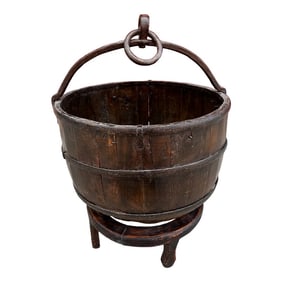 Antique 19th Century Primitive Chinese Rice Bucket With Handle & Stand