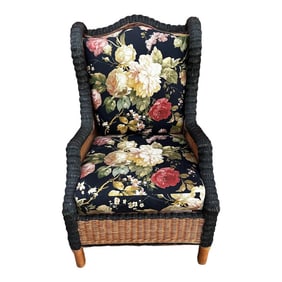 Woven Black/Tan Wicker Wingback W/Floral Cushion