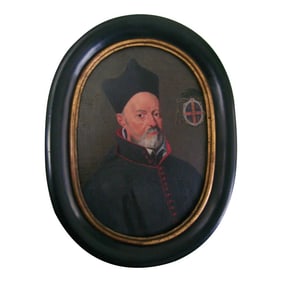 Antique Male Portrait Oil Painting with Bishop Coat of Arms
