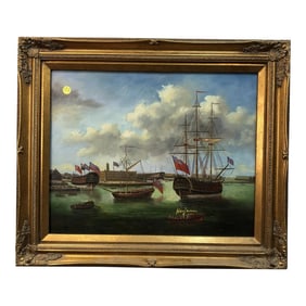 A Day at Sea With the British Fleet - Late 19th Century Oil on Canvas Signed on the Bottom, Framed