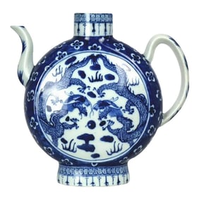 Large Chinese Blue and White Porcelain Teapot With Qianlong Mark on the Bottom
