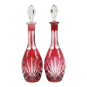 1960s Czech Hand Carved Glass Bottles with Tops - A Pair
