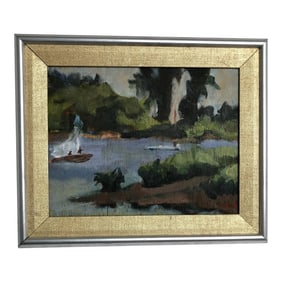 Early 20th Century The River Oil Painting on Board Signed at the Bottom, Framed