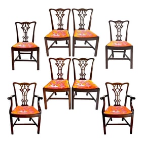 1930's Chippendale Dining Chairs - Solid Mahogany - New Toile De Jouy- Set of 8