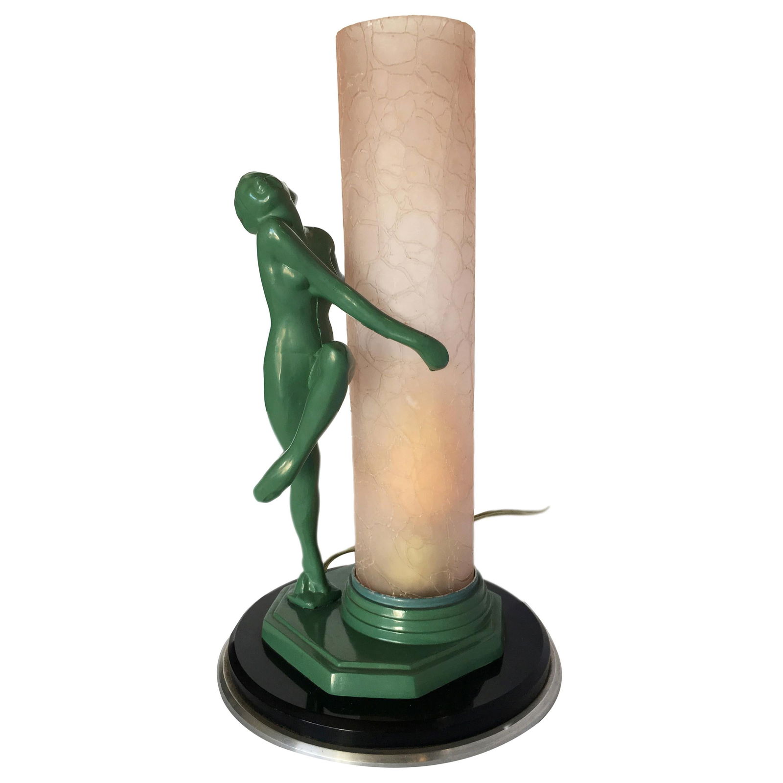 Re-Edition Nude Frankart F612 Lamp with Crackle Glass Shade: Re-edition of the Frankart F612 lamp with a pink glass shade featuring a nude flapper dancer. Reserve: $862.00 Shipping: Domestic: Shipping rates are determined by destination International: