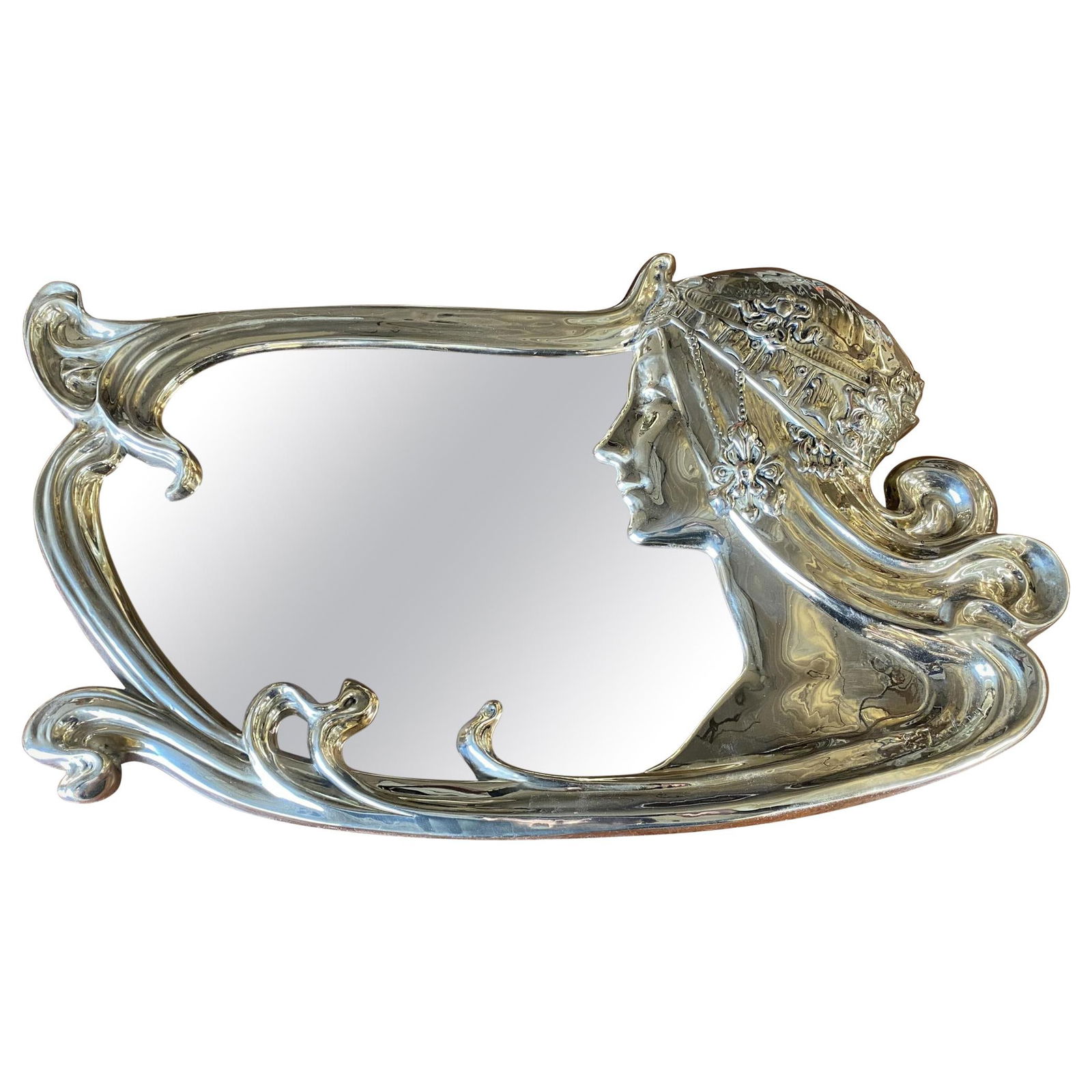 Restored Art Nouveau Figural Female Wall Mirror Signed Charles Emile Jonchery: Art Nouveau figural female wall mirror signed Charles Emile Jonchery, circa 1900 The mirror was replated in Bronze. Reserve: $12,075.00 Shipping: Domestic: Shipping rates are determined by d