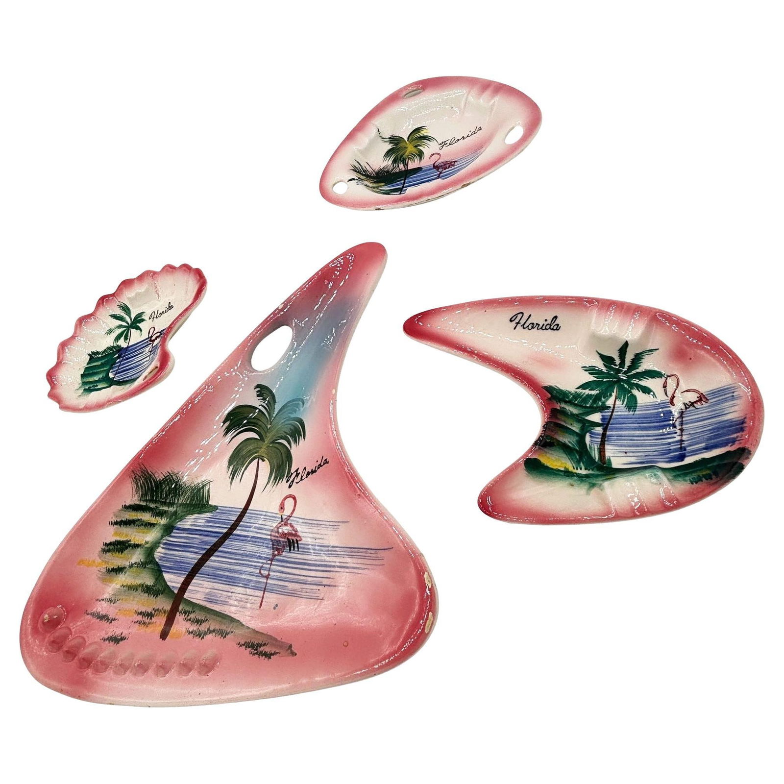 Rare 1940 Biomorphic Pink Flamingo Florida Ceramic Ashtray Set of 4 by Sun (1 of 20)