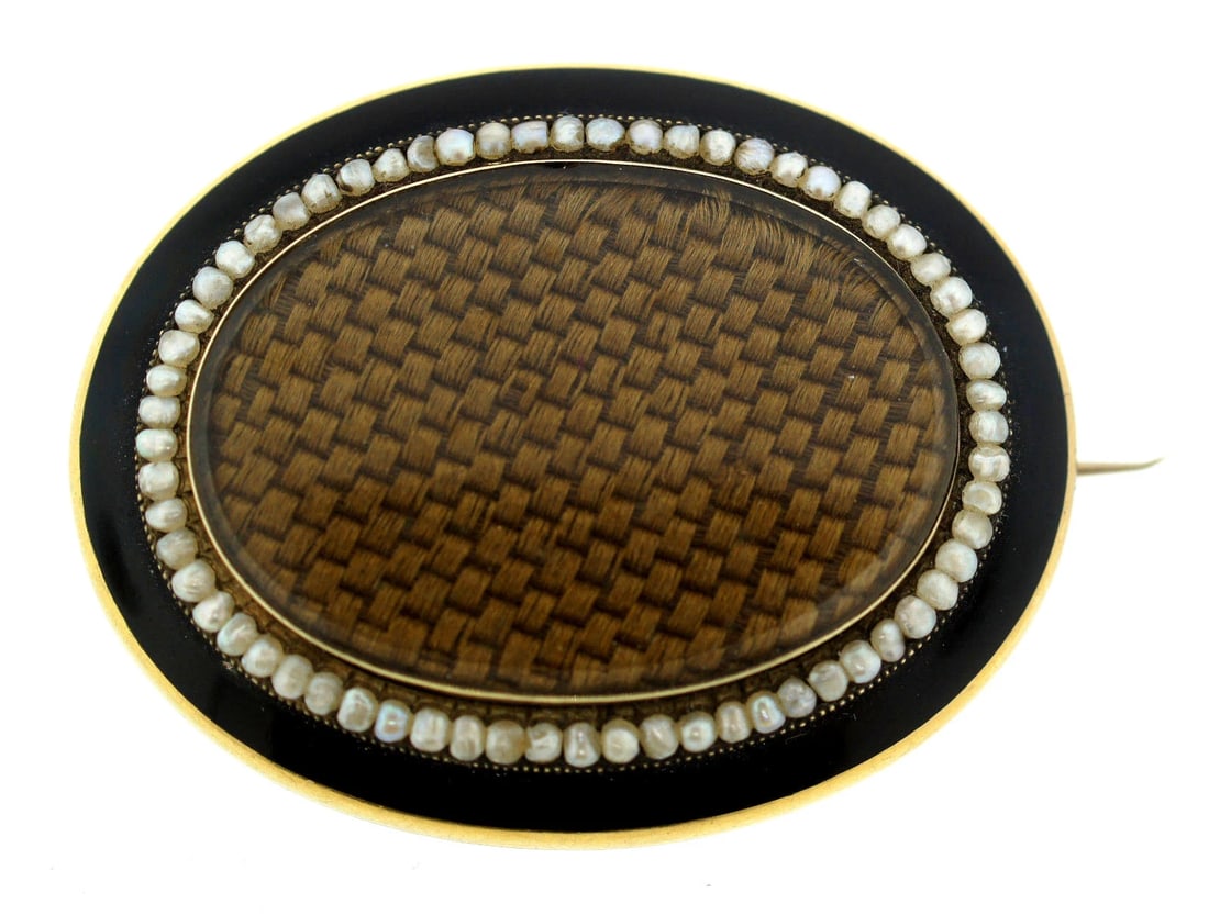 C.1900 VICTORIAN 18K YELLOW GOLD LOCKET BROOCH PIN ANTIQUE ENAMEL MOURNING PEARL: Title: C.1900 VICTORIAN 18K YELLOW GOLD LOCKET BROOCH PIN ANTIQUE ENAMEL MOURNING PEARL Description: Nadine Krakov Collection Fine Jewelry, Arts & Antiques Purveyors and Purchasers of Antique and Esta