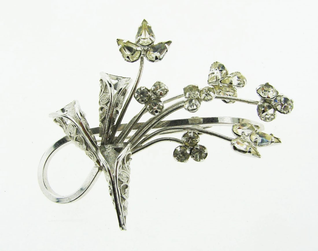 WOW Silver & Rhinestone Bouqet of Flowers Brooch!: Title: WOW Silver & Rhinestone Bouqet of Flowers Brooch! Description: Nadine Krakov Collection Fine Jewelry, Arts & Antiques Purveyors and Purchasers of Antique and Estate Pieces 191 South Beverly Dri