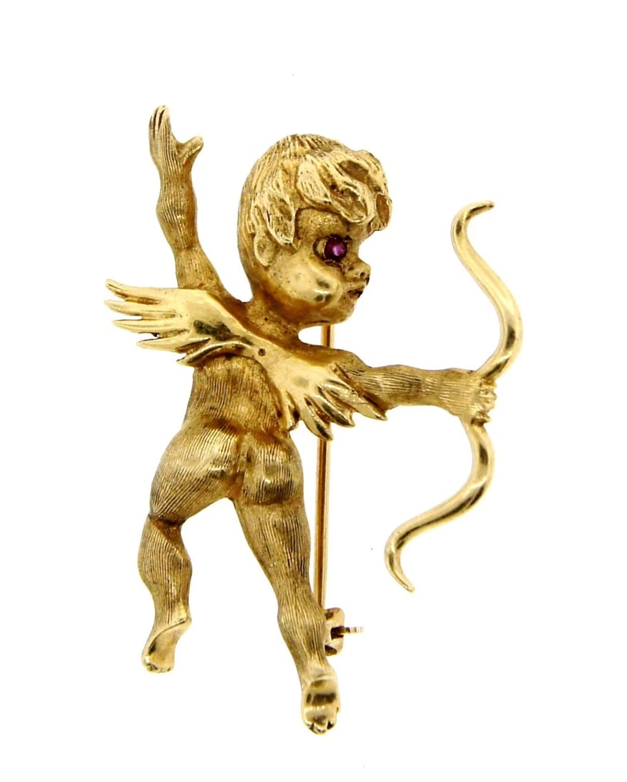CHARMING 14k Yellow Gold & Ruby Cupid Pin!: Title: CHARMING 14k Yellow Gold & Ruby Cupid Pin! Description: Nadine Krakov Collection Fine Jewelry, Arts & Antiques Purveyors and Purchasers of Antique and Estate Pieces 191 South Beverly Drive Beve