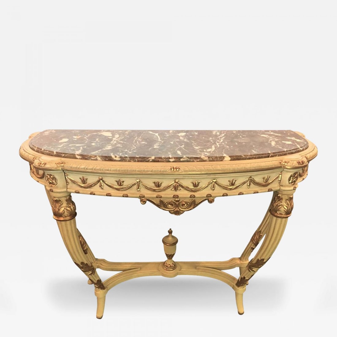 Demilune Console Or Serving Table French Maison Jansen Ribbon Form Marble top: Title: Demilune Console Or Serving Table French Maison Jansen Ribbon Form Marble top Description: Maison Jansen console table having tastle and ribbon form with leaf design. This French console or ser