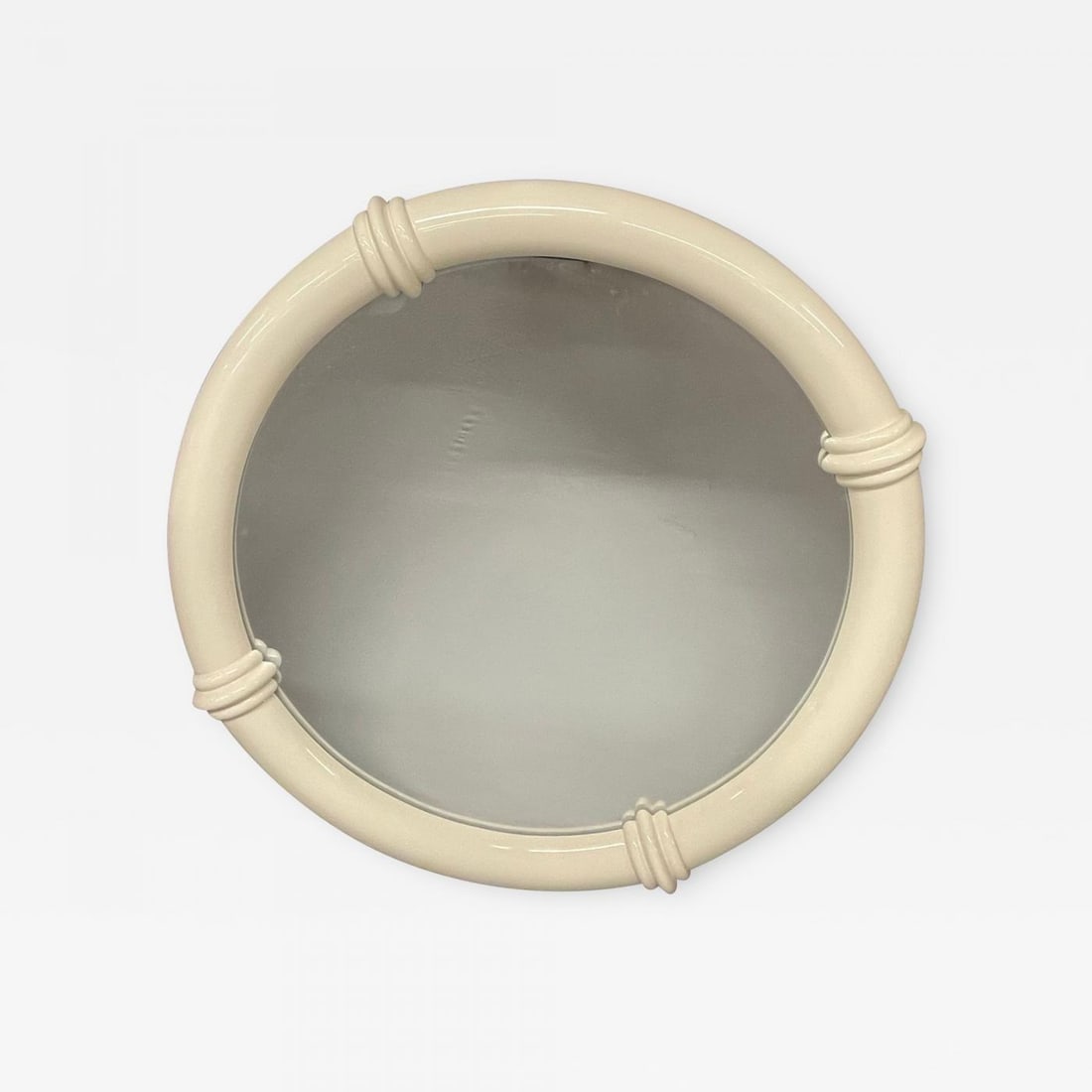 Modern White Lacquered Wall or Console Mirror, Karl Springer Manner: Title: Modern White Lacquered Wall or Console Mirror, Karl Springer Manner Description: White lacquered wall or console mirror in the manner of Karl Springer; Mid-Century Modern style circular frame c