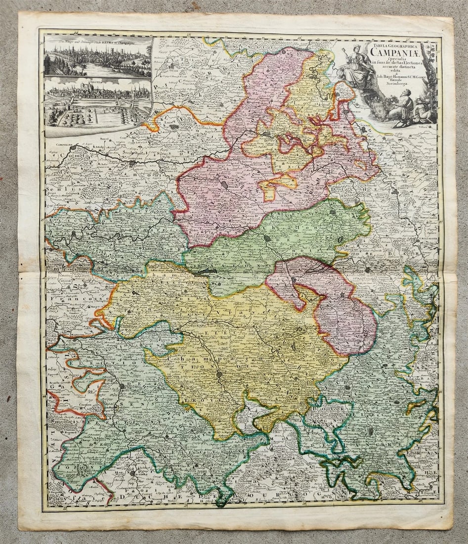 1756 CHAMPAGNE FRANCE antique MAP by Homann Tabula Geographica CAMPANIAE: Tabula Geographica CAMPANIAE... Ioh. Baptista Homanno (CHAMPAGNE region of France) Nuremberg: Homann; c. 1756 Hand-colored copper engraving on paper Size 20 3/4 by 24 1/2 inches Very good condition, f
