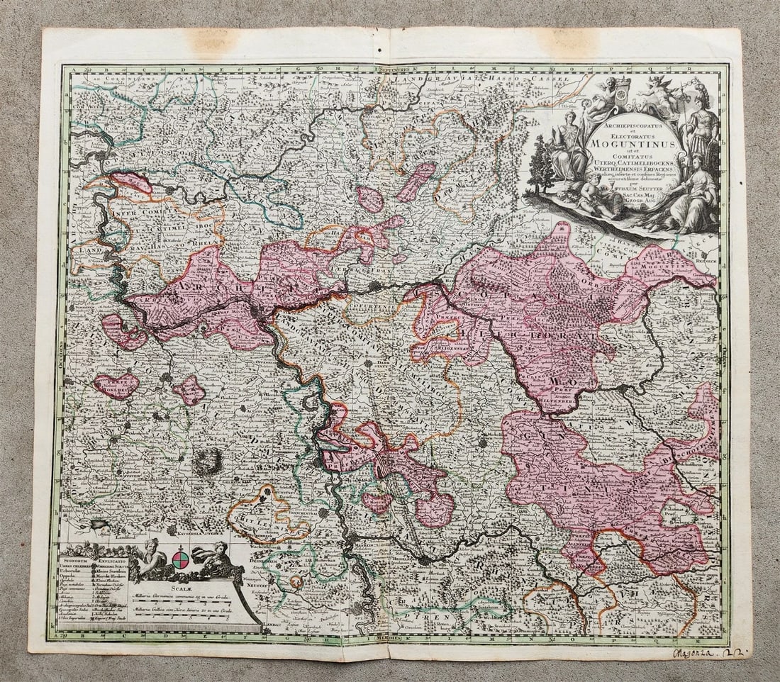 1740 GERMANY antique MAP Archiepiscopatus et MOGUNTINUS by Matthaus Seutter: Archiepiscopatus et MOGUNTINUS ut et Comitatus Utero Catimelibocens, Wertheimensis, Erpacens... Matthaus Seutter, Augsburg; c. 1740 GERMANY, LOWER SAXONY Hand-colored copper engraving on paper Size 21