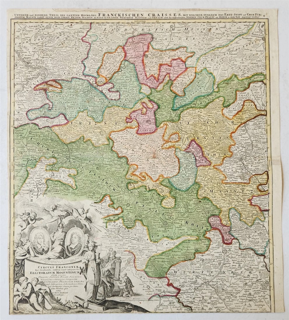 1730s FRANCONIA GERMANY antique MAP Mainz by JOHANN HOMANN: Johann Baptista Homann Germany, ca. 1664–1724 CIRCULI FRANCONIA Pars Occidentalis, exhibens simul integrum fere Electoratum Moguntinum Quem unacum Tractu Totius Moeni Fluminis Nuremberg: Homann;