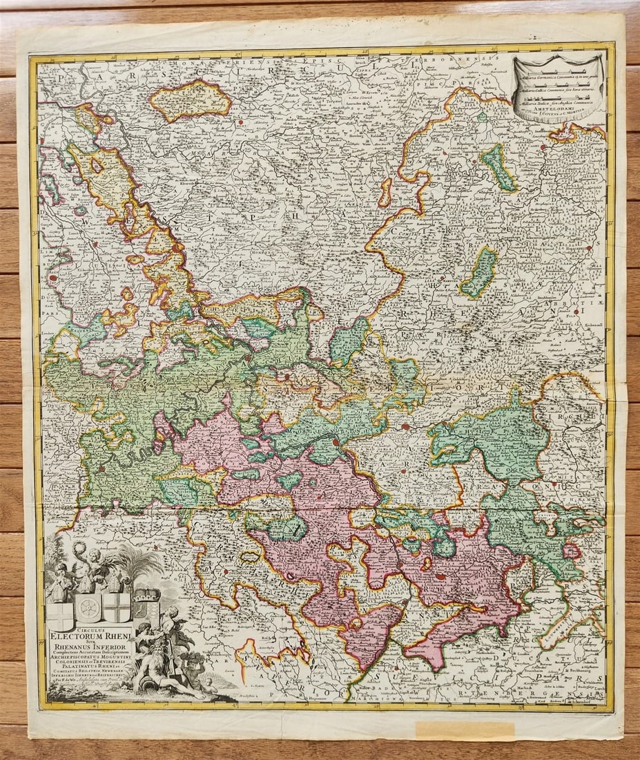 1720s GERMANY antique MAP Circulus Electorum Rheni Sive Rhenanus Inferior HOMANN: Johann Baptista Homann Germany, ca. 1664–1724 GERMANY Circulus Electorum Rheni Sive Rhenanus Inferior ( Lower Rhine region. Wessel to Seltz. Includes the cities of Frankfurt, Wesel, Mundun, Stut