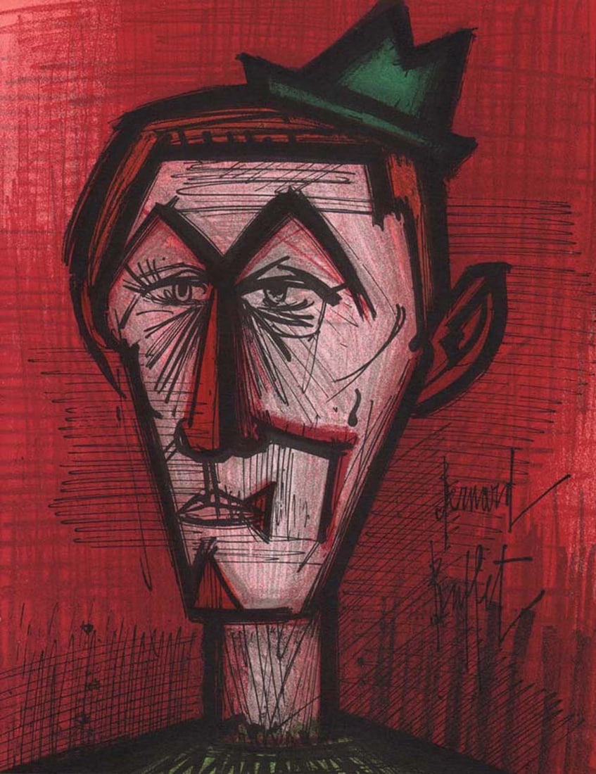 Bernard Buffet Original Lithograph Clown on Red Background 1967: Title: Bernard Buffet Original Lithograph Clown on Red Background 1967 Artist: Buffet Bernard Description: Artist: Bernard Buffet \nCountry: France \nTitle: The clown on red background \nMedium: Origi