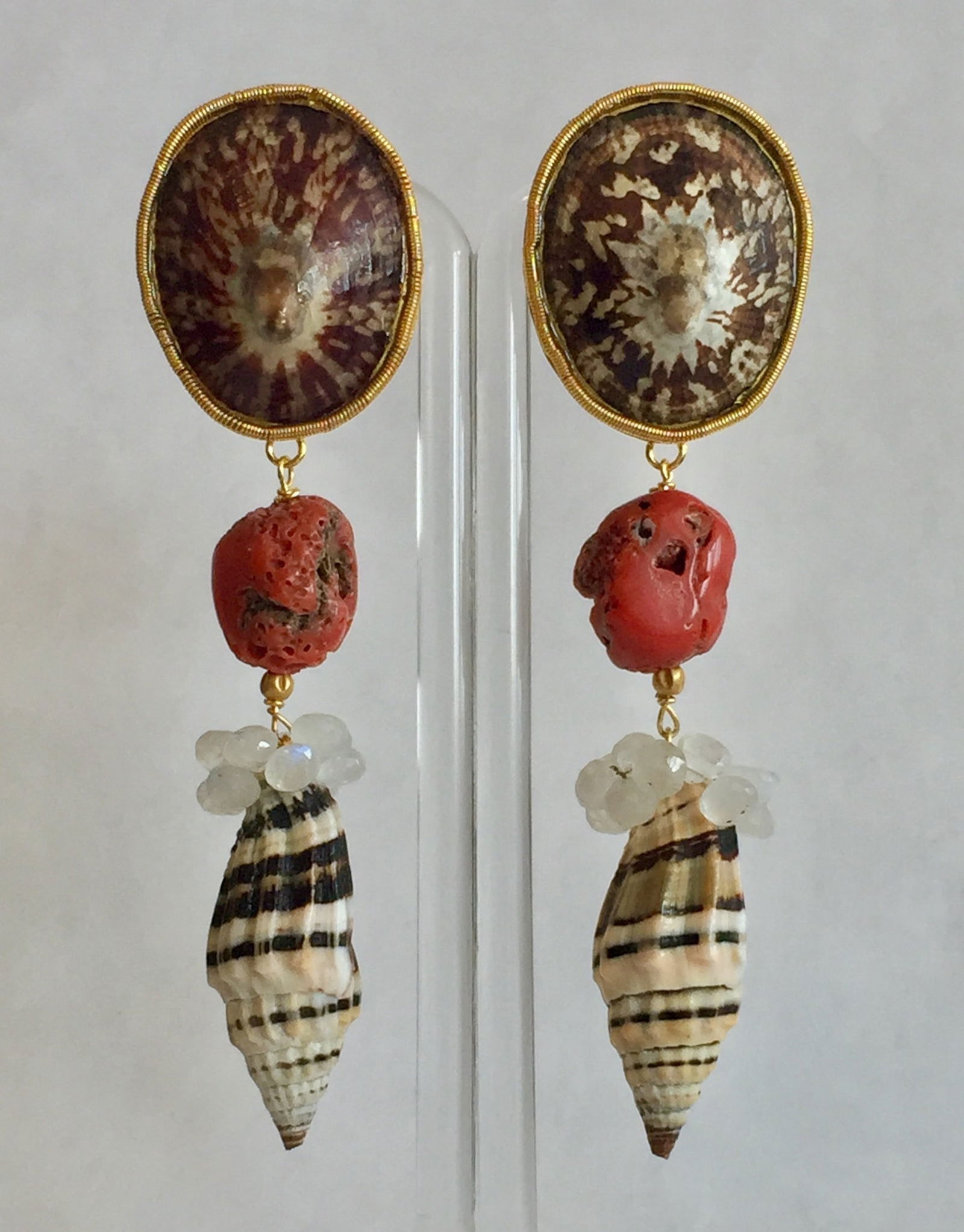 Rustic Limpet and Coral Earrings: Title:Rustic Limpet and Coral Earrings Description:Casual, light statement earrings set with Vermeil pierced Omega Clip, raw Italian Coral, Moonstone briolette skirt and fancy brown, black and ivory M