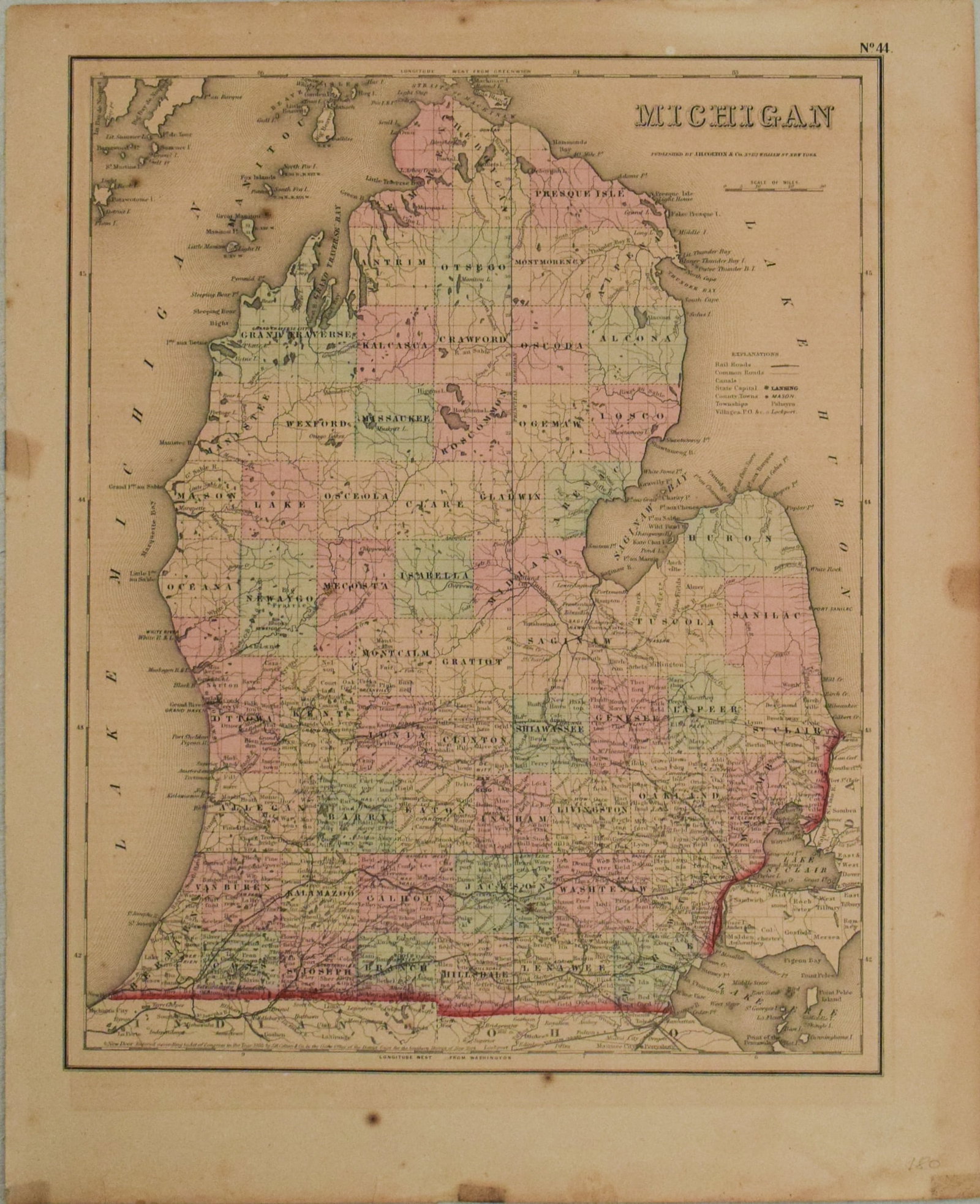 1855 Colton Map of Michigan -- Michigan: Title:1855 Colton Map of Michigan -- Michigan Cartographer:J Colton,li>Year/Place:1855, New York Map Dimension(in.):14.6 X 11.7 in. Description:This is a very nice map of the 'hand/five fingers' porti