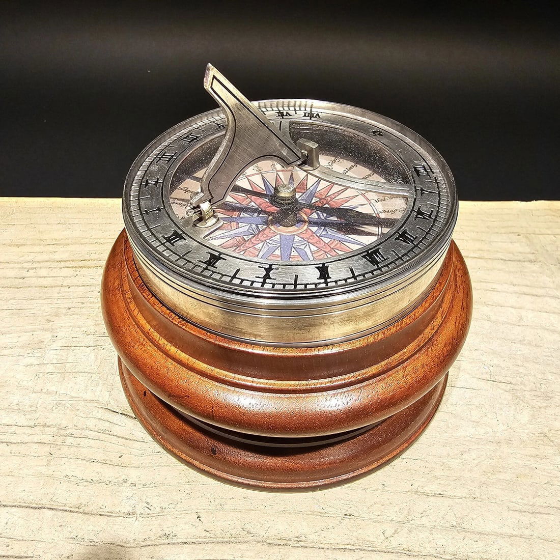 Antique Style Turned Mahagony Wood and Silver Plated Bronze Sundial Compass: 3 1/4 Wide heavy sundial compass 4 1/4 Wide wood base Great reproduction hand turned mahogany base with a heavy duty silver plated bronze sundial. Fully functional. Great for use or display. Certainly