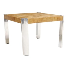 1970s Vintage Milo Baughman Style Burlwood and Chrome Square Coffee Table