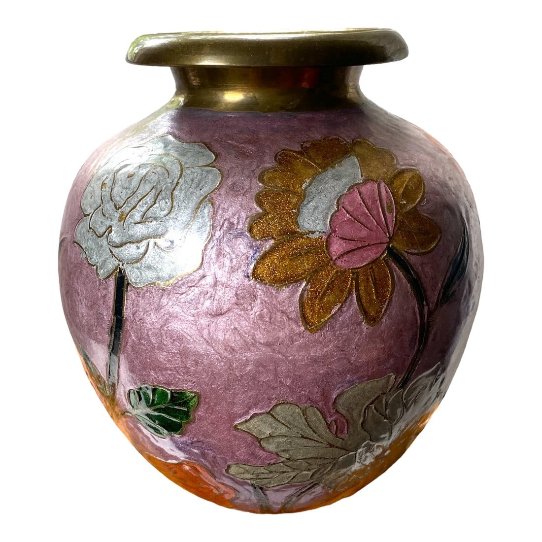 1980s Japanese Brass Cloisonné Vase Dusty Pink Background and Flowers (1 of 11)