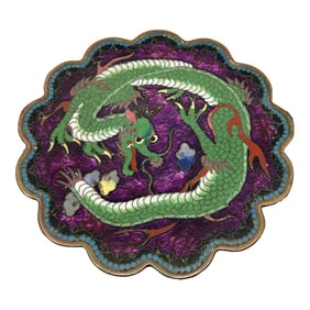 1870 Japanese Cloisonné Meiji Period Green Scrolling Dragon Scalloped Edge Dish