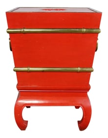 Chinese Red Lacquer and Brass Accent Table Removable Ice Chest Style on Hoof Foot Base