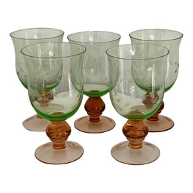 Vintage Green and Pink Etched Goblets - Set of 5