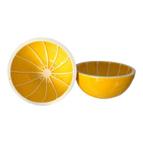 1960s Italian Majolica Yellow Trompe l'Oeil Lemon Grapefruit Citrus Bowls - a Pair