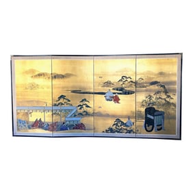 Large Japanese Byobu Four Panel Folding Screen Kano School "Tale of Genji"