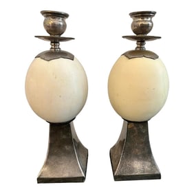 Ostrich Egg Mounted Silver Plate Candlesticks, Style of Anthony Redmile - A Pair