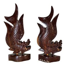 Mid Century Chinoiserie Hand Carved Dragon Figures Signed by Artist - a Pair