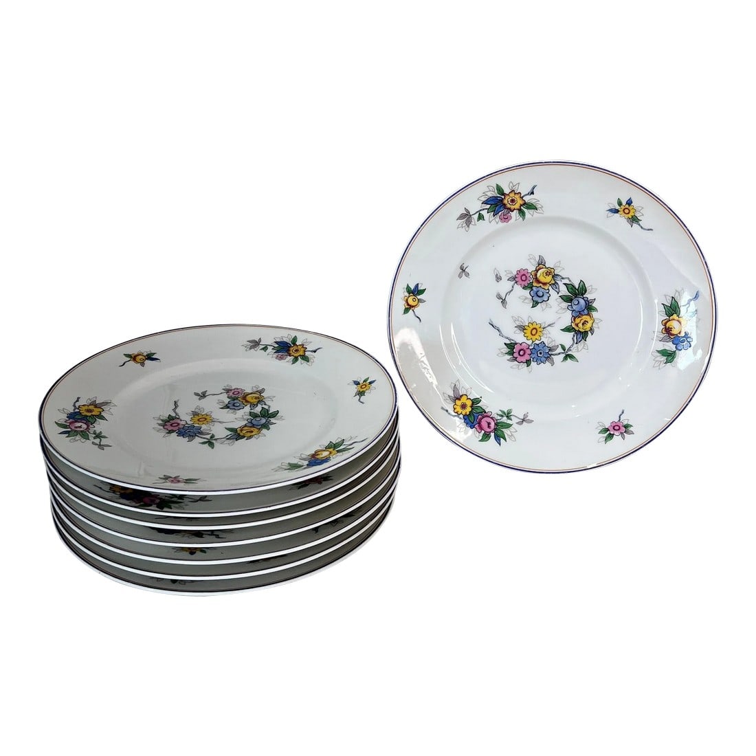 Limoges France Floral Pattern Dinner Plates - Set of 8: Limoges floral pattern dinner plates. Flowers are blue, pink and yellow surrounded by a blue rim. Measure 10" diameter. Other pieces available in our inventory listings. Condition: Alterations: Origin
