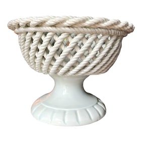 1950s Spanish White Ceramic Compote Tazza With Rope Trellis Basketweave Design