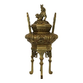 Vintage Bronze Chinese Censer With Foo Dog Lid