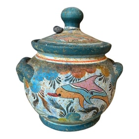 1970s Small Painted Pottery Bowl With Matching Lid