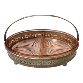 1970s Pink Depression Glass Ashtray With Lace Detailed Metal Holder