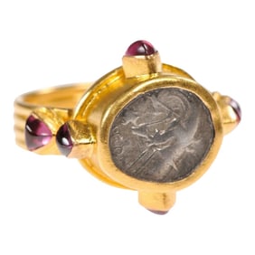 Antique Greek Coin Gold & Ruby Ring Size 7