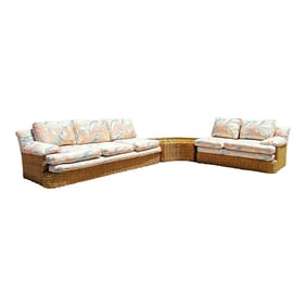 Vintage Bent Rattan Sectional Sofa With Center Glass Top Table