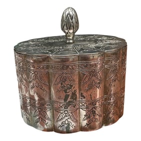 1970s Small Metal Etched Box With Red Velvet Lined and Padded Interior