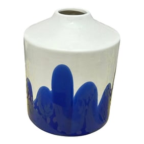 1970s Hand Painted Blue and White Modern Vase