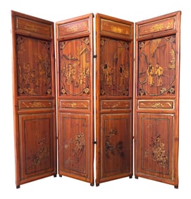 Antique Chinese Hand Painted 4-Panel Wood Screen