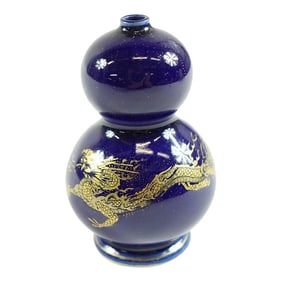 Mid 20th Century Chinese Monochrome Blue Glaze Porcelain Vase Gold Dragon Pattern With Marked c