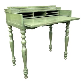 1990s Vintage Green Distress Painted Spinlet Flip Top Desk With Turned Legs