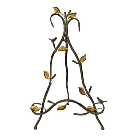 Vintage Metal Aged Finish Tree Branch Easel W/ Birds and Gilt Leaves