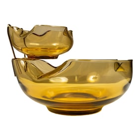 Vintage Mid-Century Modern Hand-Crafted Amber Glass Chips & Dip Serving Bowls, Usa, Circa 1960s