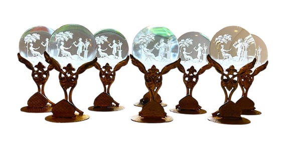 Antique Bohemian Austrian Crystal Glass Intaglio Place Card Holders on Gold Gilt Base - Set of 8