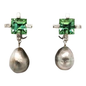 Pair of Square Afghan Tourmalines Earrings With Diamond Baguettes. Tahitian Pearl Drop. 18k White Go
