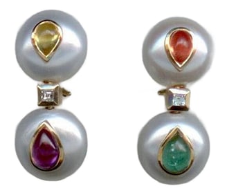 Pair of Freshwater Button Pearls With Fancy Color Sapphires and Diamond Spacers, in 18k Yellow Gold